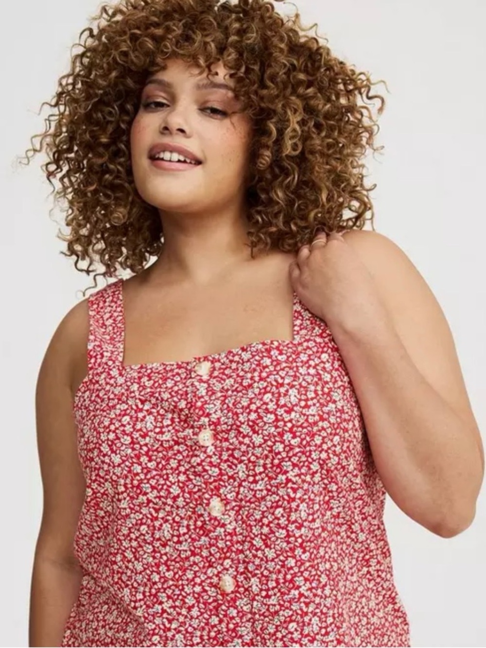 Torrid Red and White Floral Top with Navy Accents Button Beach Linen